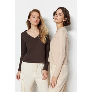 Trendyol Brown-Beige 100% Cotton 2-Pack Basic V-Neck Knitted T-Shirt
