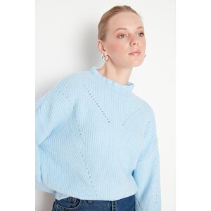 Trendyol svetlomodrý mäkký textúrovaný prelamovaný/perforovaný pletený sveter