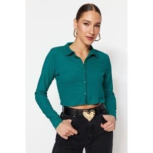 Trendyol Green Buttoned Fitted Polo Neck Wrap/Textured Crop Knitted Blouse