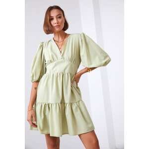 Waist dress with puffed sleeves in olive green