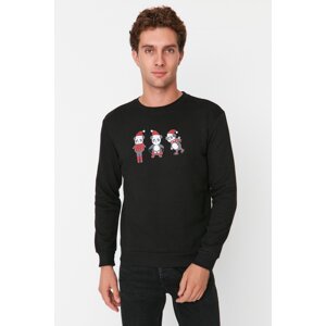 Trendyol Black Men's Regular/Regular Cut Crew Neck Christmas Theme Printed Fleece Sweatshirt.