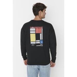 Trendyol Black Men's Oversized Crew Neck Mondrian Art Licensed Sweatshirt with Soft Pillows