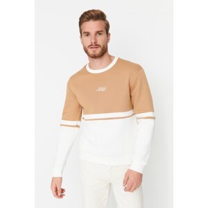 Trendyol Camel Mens Regular / Regular fit Long Sleeved Crewneck Printed Paneled Sweatshirt