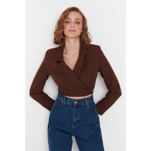 Trendyol Brown Crop Weave Lined Double Breasted Closeup Blazer Jacket