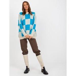 Oversized blue-beige checkered sweater for women