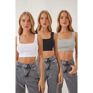 Happiness İstanbul Women's Gray Black White 3 Pack Strappy Crop Knitted Blouse