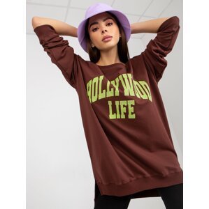 Dark brown and green oversize long sweatshirt with inscription