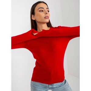 Red women's classic sweater with a round neckline