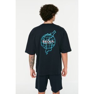 Trendyol Navy Blue Oversize/Wide-Fit Seoul City Printed Short Sleeve 100% Cotton T-Shirt