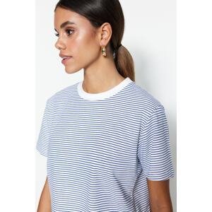 Trendyol Navy Blue Ecru Striped Premium Basic Crew Neck Knitted T-Shirt