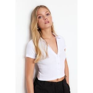 Trendyol White Button Detail Fitted/Situated Crop Polo Neck Ribbed Stretch Knit Blouse