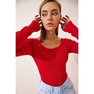 Happiness İstanbul Women's Red U-Neck Ribbed Knitted Blouse