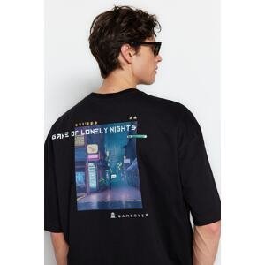 Trendyol Black Oversize/Wide Fit Crew Neck Short Sleeve Game Over Printed T-Shirt