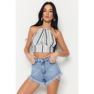 Trendyol Striped Crop Woven Cut Out/Window Linen Look Blouse