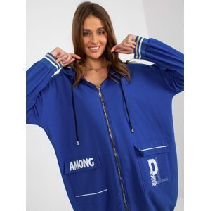 Dark blue long zippered sweatshirt with inscriptions and application