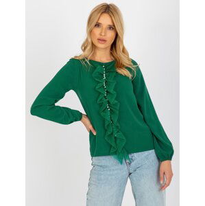 Dark green formal blouse with pearls and mesh