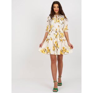 Beige and yellow women's floral dress with belt