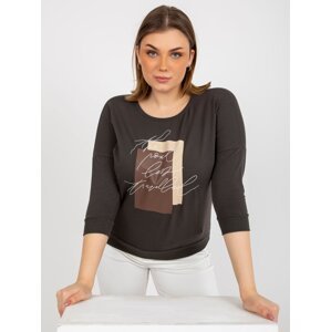 Khaki size plus blouse with lettering and 3/4 sleeves