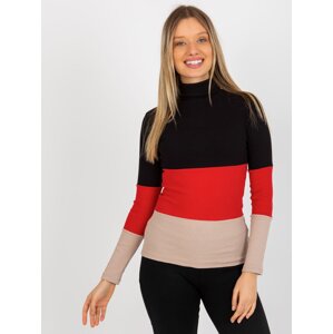 Basic black-red ribbed cotton blouse with turtleneck