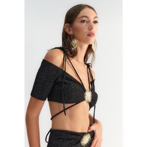 Trendyol X Zeynep Tosun Black Sun Accessory Detailed Glitter Knitted Bustier