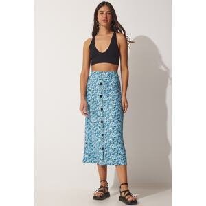 Happiness İstanbul Women's Blue Floral Buttoned Summer Knitted Skirt