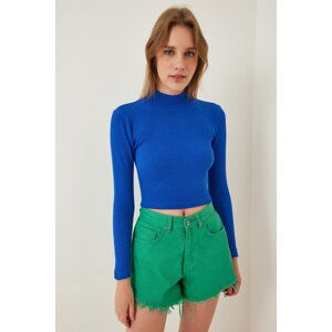 Happiness İstanbul Women's Vivid Blue Ribbed Turtleneck Crop Knitted Blouse