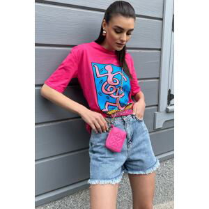 Trend Alaçatı Stili Women's Fuchsia Crew Neck Front Back Printed Oversized T-Shirt