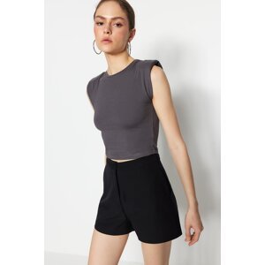 Trendyol Anthracite Padded Fitted Crew Neck Crop Stretchy Knitted Blouse