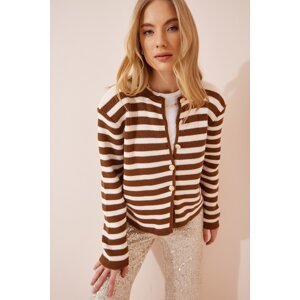 Happiness İstanbul Women's Bone Brown Wadding Striped Knitwear Cardigan