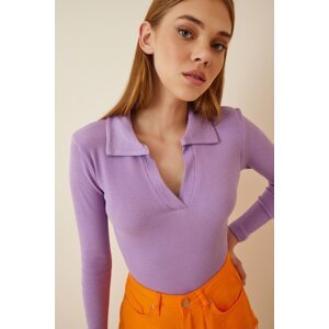 Happiness İstanbul Women's Lilac Polo Neck Corded Knitted Blouse