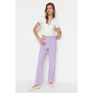 Trendyol fialové rovné nohavice s vysokým pásom rebrované prešívané tkané nohavice