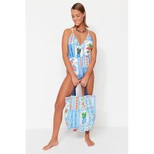Trendyol Blue Tropical Patterned Woven 100% Cotton Beach Bag