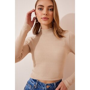Happiness İstanbul Women's Cream Ribbed Turtleneck Crop Knitted Blouse