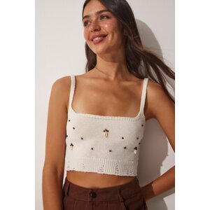 Happiness İstanbul Women's Cream Oyster Stone Crop Knitwear Blouse