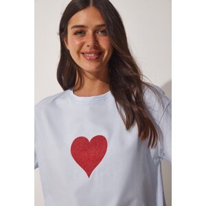 Happiness İstanbul Women's Sky Blue Sparkling Heart Printed Oversize Knitted T-Shirt