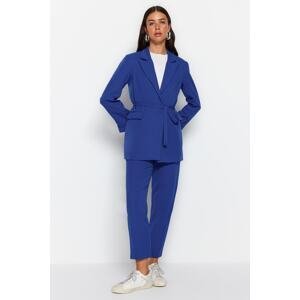 Trendyol Blue Lacing Detailed Crepe Jacket-Pants Woven Bottom-Top Set