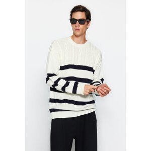 Trendyol Ecru Unisex Oversize Fit Wide Fit Hair Knitted Striped Anti-Pilling Knitwear Sweater.