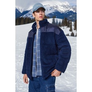 Trendyol Pánsky Námornícky modrý oversize fit plyšový podšívka/vypchatý hrubý zimný kabát