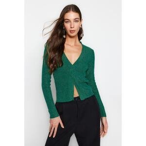 Trendyol Emerald Green Jemný textúrovaný trblietavý rozpark, detailný pletený sveter