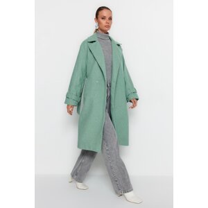 Trendyol Mint oversize široký strih pásaný dlhý vlnený kabát