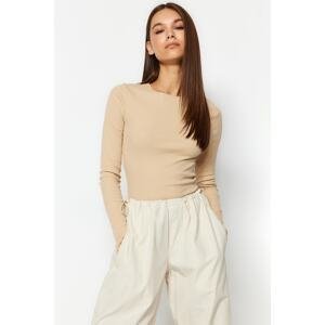 Trendyol Beige Corduroy Crew Neck Fitted/Sticky Cotton Knitted Blouse