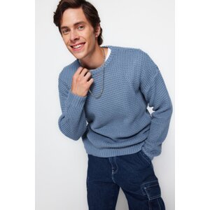 Trendyol Blue Oversize Fit Wide Fit Crew Neck Textured Basic Knitwear Sweater