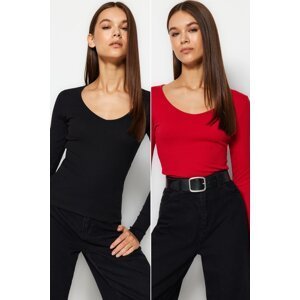 Trendyol Black-Red 2-Pack V Neck Fitted/Situated Cotton Stretch Knit Blouse