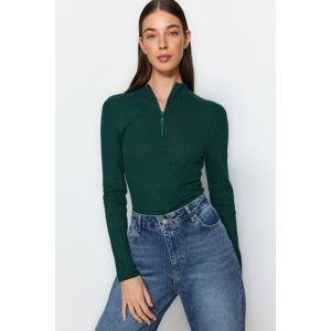 Trendyol Emerald Green Zipper Collar Fitted/Closed Ribbed Stretchy Knitted Blouse