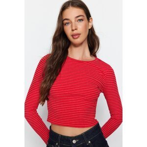 Trendyol Red Striped Slim Crop Crew Neck Ribbed Stretchy Knitted Blouse