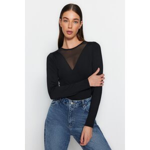 Trendyol Black Crew Neck Tulle Decollete Snap Snap Elastic Knitted Body