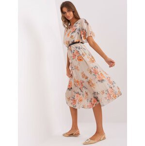 Beige floral midi dress with belt