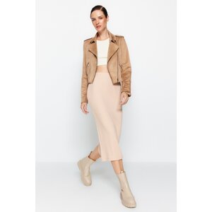 Trendyol Beige Knitted Midi Skirt With Slit Detail and Soft Touch.