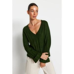 Trendyol Emerald Green Mäkký textúrovaný Pletený sveter s výstrihom do V