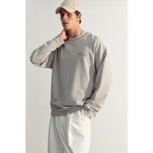 Trendyol Gray Premium Oversize/Wide Cut Text Embroidered Thick Cotton Sweatshirt